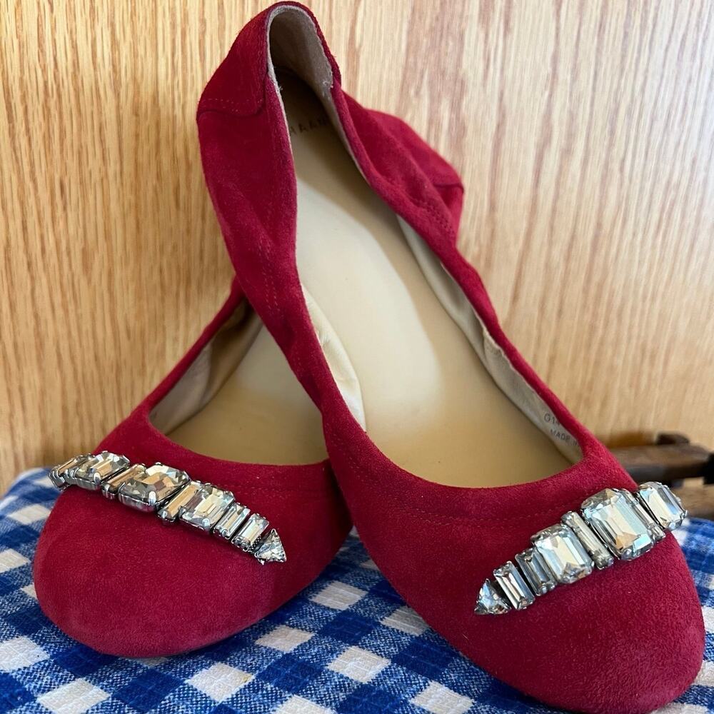 COLE HAAN suede flats, women's size 7 1/ 2, red with beads on front.